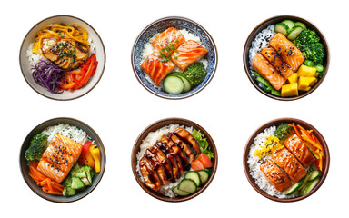 Wall Mural - Salmon teriyaki with rice and vegetables in a bowl isolated on a transparent or white background, top view, cut-out, PNG