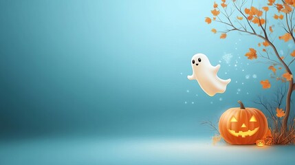 Floating ghost pumpkin, eerie Halloween night, text space available, flat design illustration