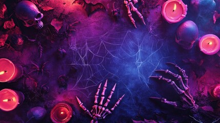 Sticker - Background Halloween with Fancy Elements Spider Web, Candles, Bats, Hand with Blood, Witch Hat, Skull with Bone. Halloween Elements on Purple Background. Website Spooky, Background or Banner