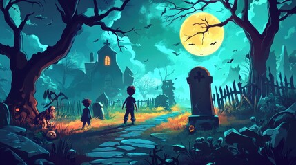 Wall Mural - Children scared on graveyard at Halloween cartoon background. Danger at night cemetery with tombstone and spooky dead zombie. Horror forest scene with undead animal and creepy landscape for game