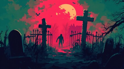 Canvas Print - Halloween background with zombie and walking dead, cemetery fence for holiday poster. Creepy and mystical background with cross, grave, tombstone and dead man for dark fear october design