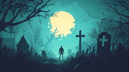 Sticker - Halloween background with zombie and walking dead, cemetery for holiday poster. Creepy and mystical background with cross, grave, tombstone and skeleton for dark fear october design