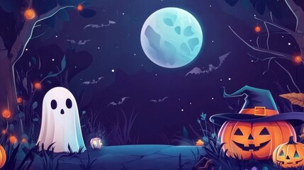 Wall Mural - Halloween Sale Promotion Poster or banner template.Halloween night seen with big Moon, Pumpkin ghost,Wizard Hat,cute ghost,cartoon skull and halloween elements. Website spooky or banner template