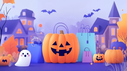 Poster - Halloween Sale Promotion Poster template with Halloween pumpkins,cute ghost,coupon,shopping bag and gift Box .Website spooky or banner template. illustration