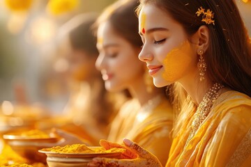 Bride and bridesmaids in traditional Indian attire with turmeric powder during wedding ceremony.