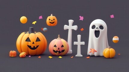 Wall Mural - Holiday Halloween set of themed decorative elements for design. Realistic 3d objects in cartoon style. Pumpkin and skull, ghost and cross, confetti and text trick or treat. illustration