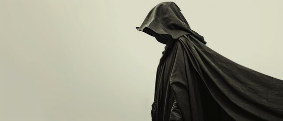 A man in a hooded cloak is standing in front of a white background