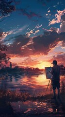 Canvas Print - A man is painting a picture of a sunset over a lake