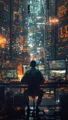 Aufkleber - A programmer focused on multiple screens in a futuristic, illuminated urban environment during nighttime