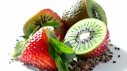 Sticker - A close up of a fruit salad with strawberries, kiwi, and mint