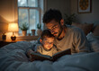 © Елена Нечипоренко - A father reads a bedtime story to his young son in a warmly lit bedroom, capturing a tender moment of love and bonding