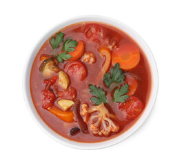 Wall Mural - Delicious homemade stew in bowl isolated on white, top view