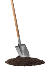 Wall Mural - Metal shovel with wooden handle and pile of soil isolated on white