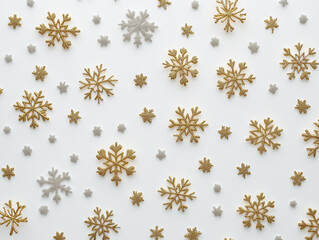 Wall Mural - Golden and silver snowflakes delicately scattered on a white background, forming a festive pattern perfect for holiday designs and seasonal greetings.