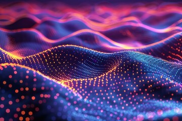 Poster - bright waves of light and particles create a stunning abstract digital landscape filled with vibrant