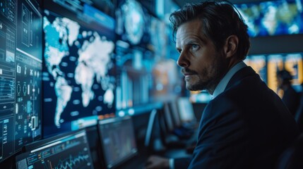 Poster - A man focuses on monitors displaying global data and analytics in a dimly lit command center