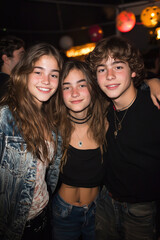 A group of three teens, two girls and a boy, enjoying a lively party with colorful decorations in the background.