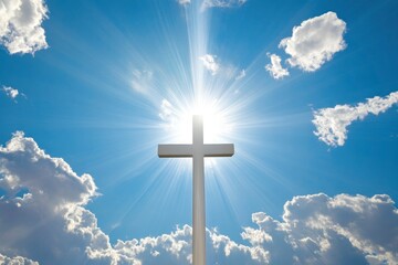 A divine cross shimmers in the sky, basking in the radiance of the sun , ai