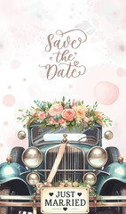 Wall Mural - Save the date wedding card banner with Hand drawn watercolor wedding retro car.