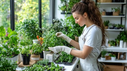 Wall Mural - A woman tending to plants in a bright indoor garden, showcasing her passion for gardening and greenery.