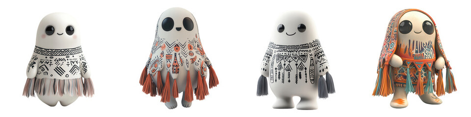 Charming handcrafted ghost figurines with unique designs and colors, perfect for Halloween decorations and playful home decor. isolated on a transparent background