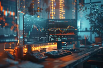 Poster - Dual monitors showcase financial data and charts in a cozy, dimly lit trading office filled with plants