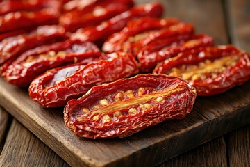 Elegant close-up of neatly arranged dried tomatoes on a wooden surface