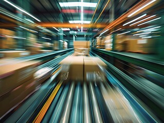 Poster - Motion blurred conveyor belt with boxes in a warehouse