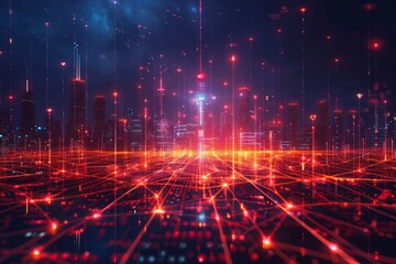 Poster - A digital city skyline glows in red and orange hues, representing advanced technology and connectivity at night