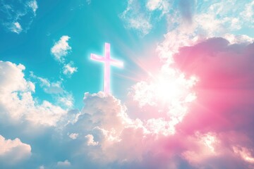 Christian cross appeared bright in the sky with soft fluffy clouds, white, beautiful colors. With the light shining as hope, love and freedom in the sky background , ai