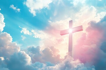 Christian cross appeared bright in the sky with soft fluffy clouds, white, beautiful colors. With the light shining as hope, love and freedom in the sky background , ai