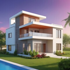 Rendering house model with bright background, luxury modern house on grass with sea view and blue sky background, modern home cross section, beautiful residential house render