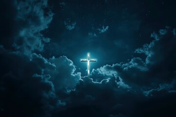 Wall Mural - Concept of christian religion shining cross on the background of cloudy night sky. Dark sky with cross and cloud. Divine shining heaven, light. Religious background , ai