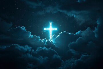 Concept of christian religion shining cross on the background of cloudy night sky. Dark sky with cross and cloud. Divine shining heaven, light. Religious background , ai