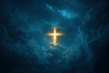 Concept of christian religion shining cross on the background of cloudy night sky. Dark sky with cross and cloud. Divine shining heaven, light. Religious background , ai