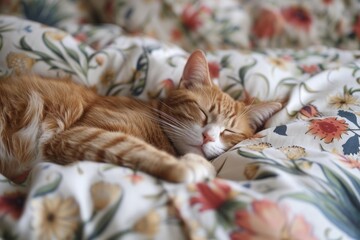 Poster - Adorable ginger cat sleeps soundly, embracing the comfort of a floral patterned bedspread