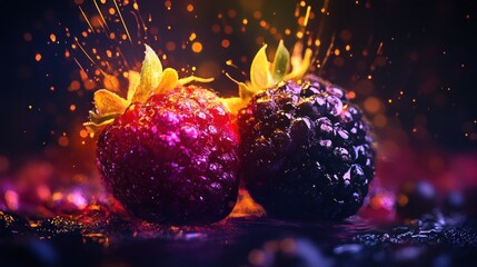 Two ripe berries with bright orange sparkles on a dark background.