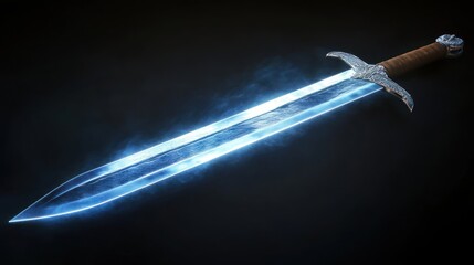 A glowing blue fantasy sword with a leather wrapped handle on a black background.