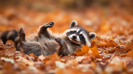 Canvas Print - majestic adorable baby raccoon rolling in the autumn leaves 