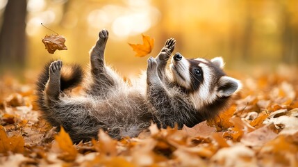 Poster - majestic adorable baby raccoon rolling in the autumn leaves 