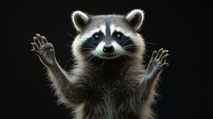 Poster - A curious raccoon stands on its hind legs, with one paw raised inquisitively, showcasing its adorable snout