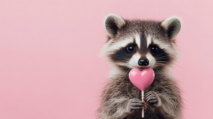 Sticker - charming raccoon holds a pink heart shaped lollipop against a pastel pink background