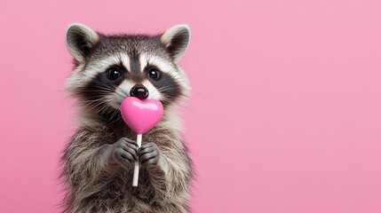 Wall Mural - charming raccoon holds a pink heart shaped lollipop against a pastel pink background