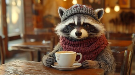 Wall Mural - Fashionable raccoon drinks coffee in a restaurant