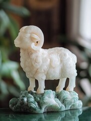 White jade ram sculpture on a green jade base.