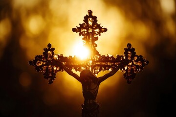 Crown of throns and Silhouette Jesus cross.Crucifixion Of Jesus Christ.Jesus with Cross concept for faith religion, christian worship, Easter, Redeemer.The Feast of Corpus Christi Concept , ai