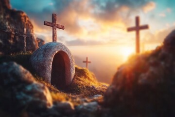 Empty Tomb With Crucifixion At Sunrise - Resurrection Concept , ai