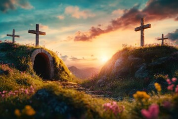 Empty Tomb With Crucifixion At Sunrise - Resurrection Concept , ai