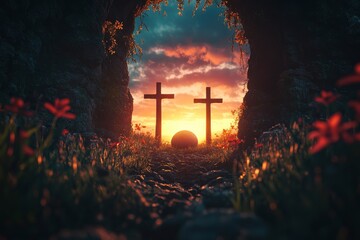 Empty Tomb With Crucifixion At Sunrise - Resurrection Concept , ai