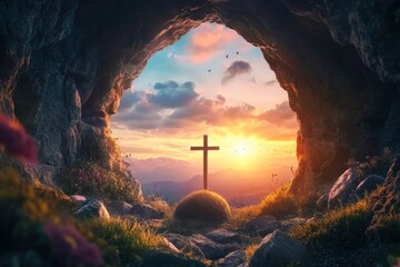 Wall Mural - Empty Tomb With Crucifixion At Sunrise - Resurrection Concept , ai